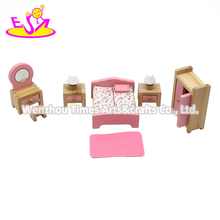 Factory Customize Pink Miniature Wooden Doll House Bed for Sale W06b130