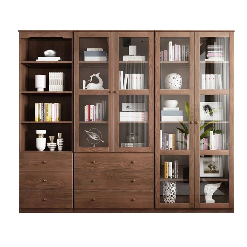 10solid Teak Wood Modern Glass Simple Living Room Bookcase Library Combined Wall Kids Bookshelf