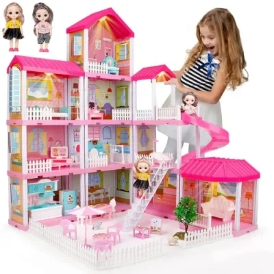 Factory Direct Sales Pretend Play Set Girls Dream House Kids Blue Villa DIY Doll House Toys Furniture Dollhouse Luxurious Dolls House