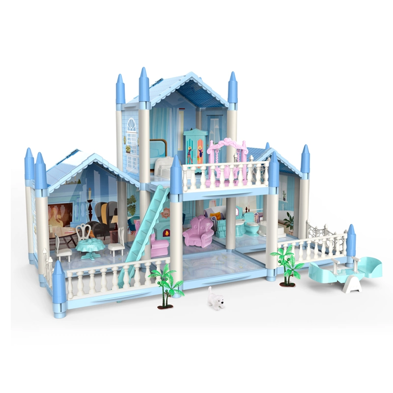 Factory Direct Sales Pretend Play Set Girls Dream House Kids Blue Villa DIY Doll House Toys Furniture Dollhouse Luxurious Dolls House
