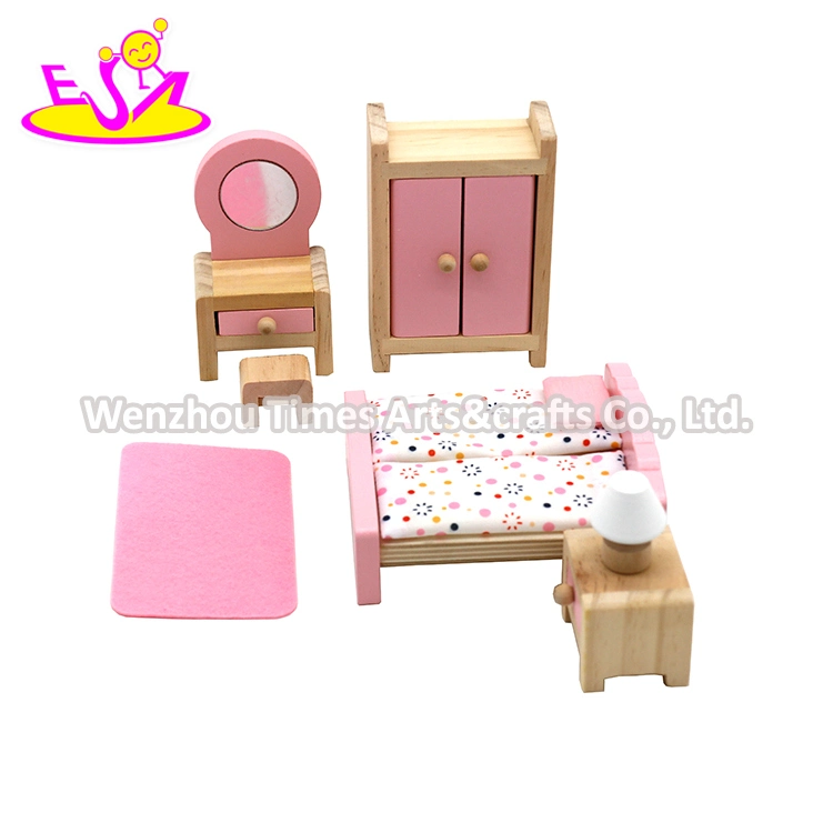 Factory Customize Pink Miniature Wooden Doll House Bed for Sale W06b130