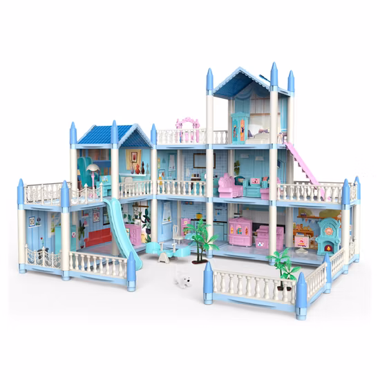 Factory Direct Sales Pretend Play Set Girls Dream House Kids Blue Villa DIY Doll House Toys Furniture Dollhouse Luxurious Dolls House