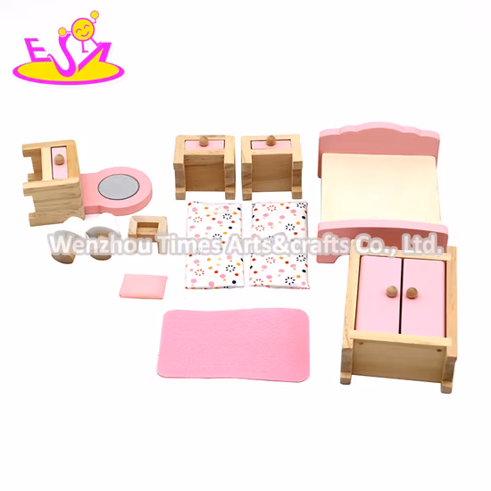 Factory Customize Pink Miniature Wooden Doll House Bed for Sale W06b130